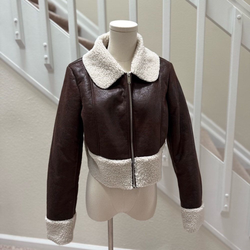 NWT Dark Brown and Beige Shearling Women's Aviator Jacket Size Small